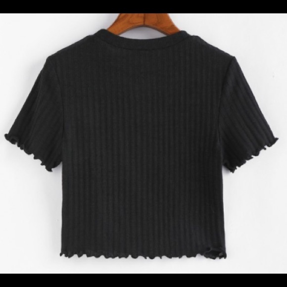 Zaful Ribbed Lettuce Trim Crop T-Shirt - Picture 2 of 5